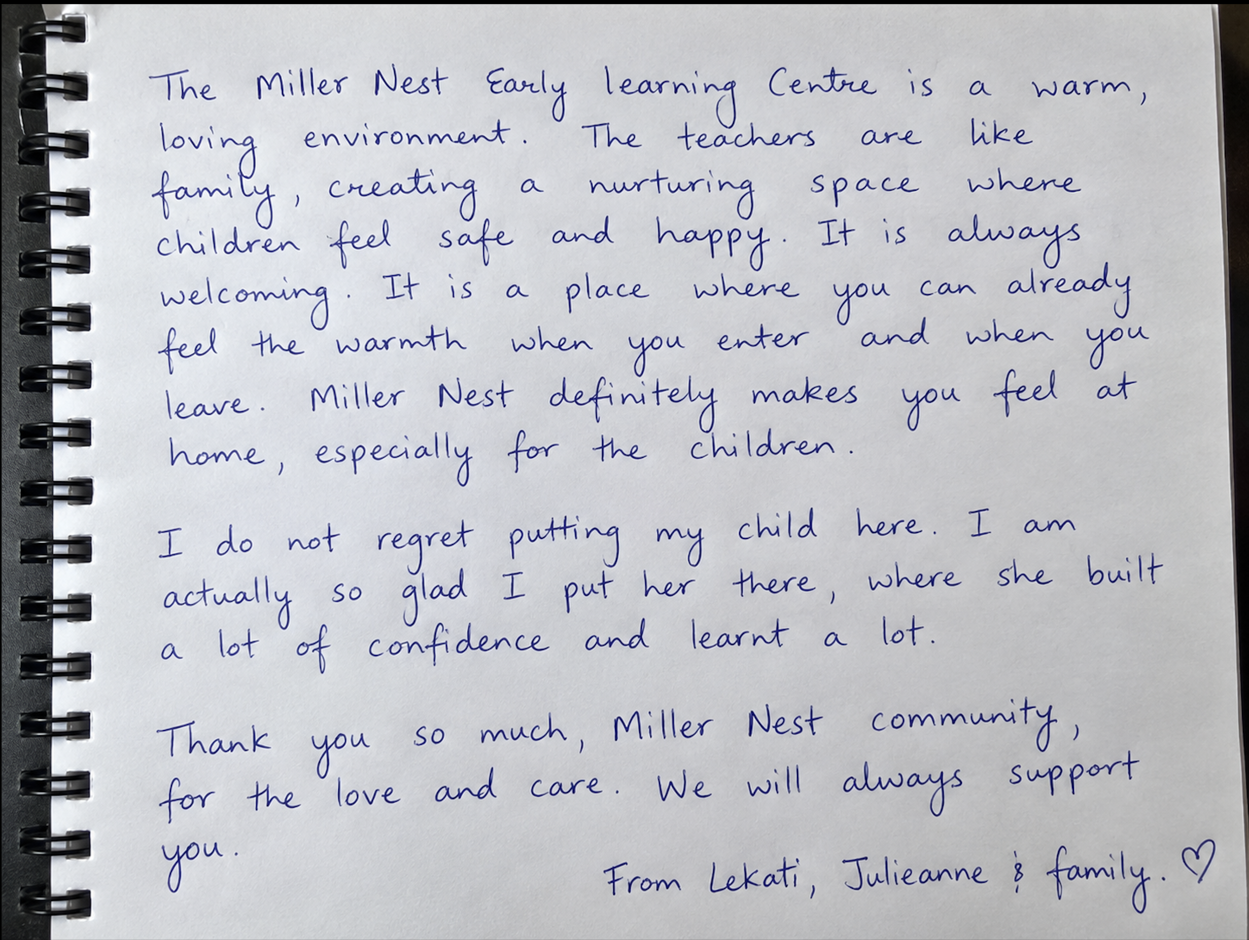 Handwritten feedback from Lekati, Julieanne & Family