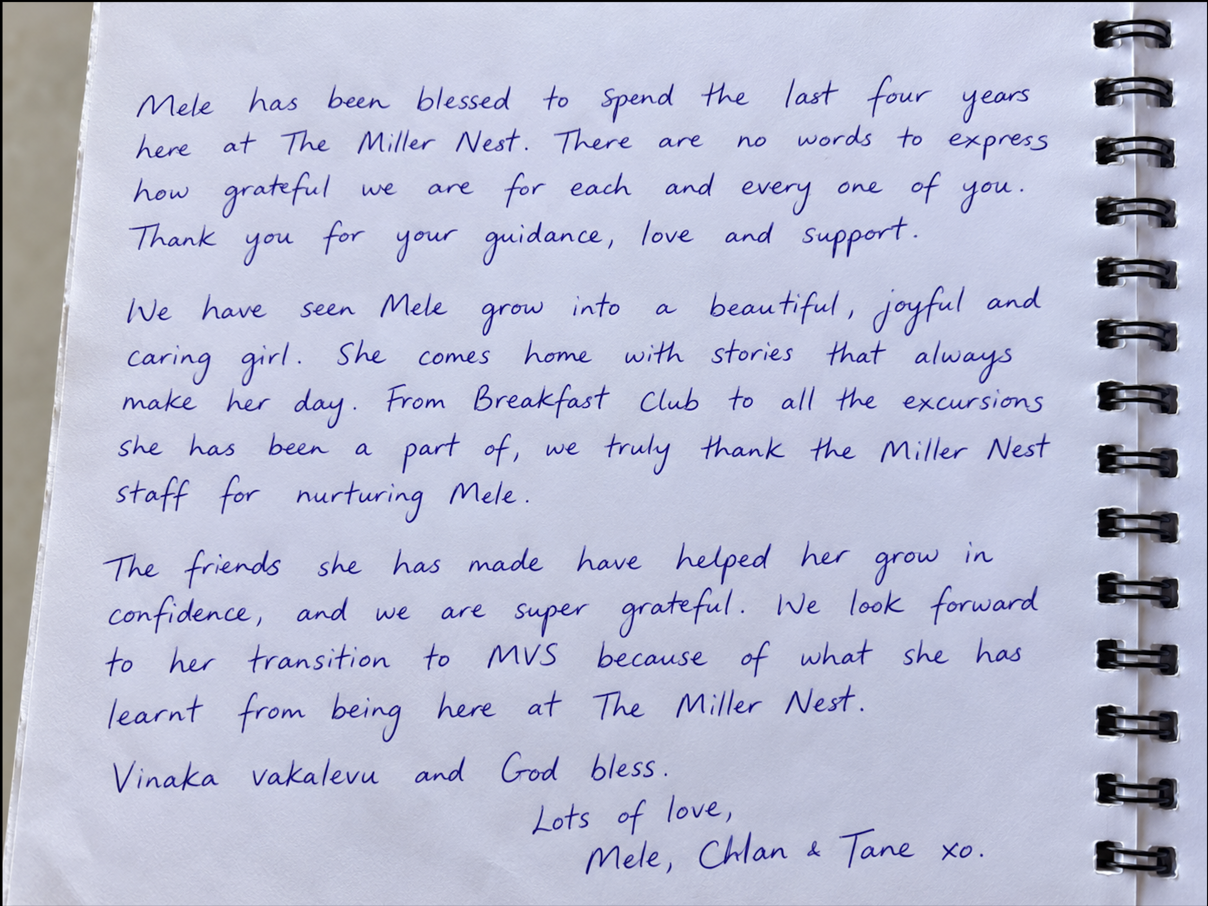 Handwritten feedback from Mele, Chlan & Tane