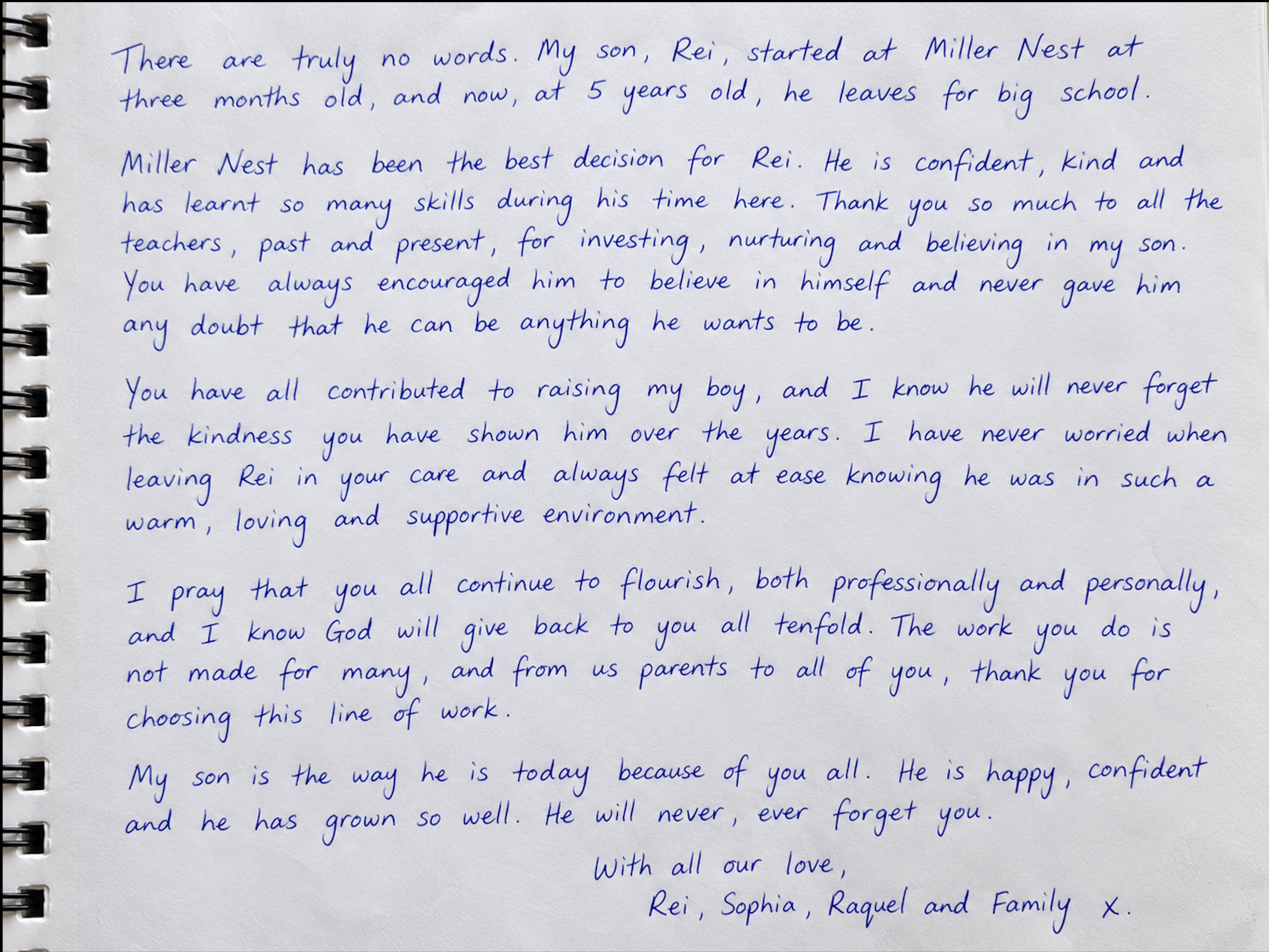 Handwritten feedback from Rei, Sophia, Raquel & Family